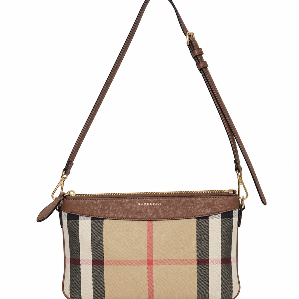 Burberry Beige Check Crossbody With Brown Leather Trim